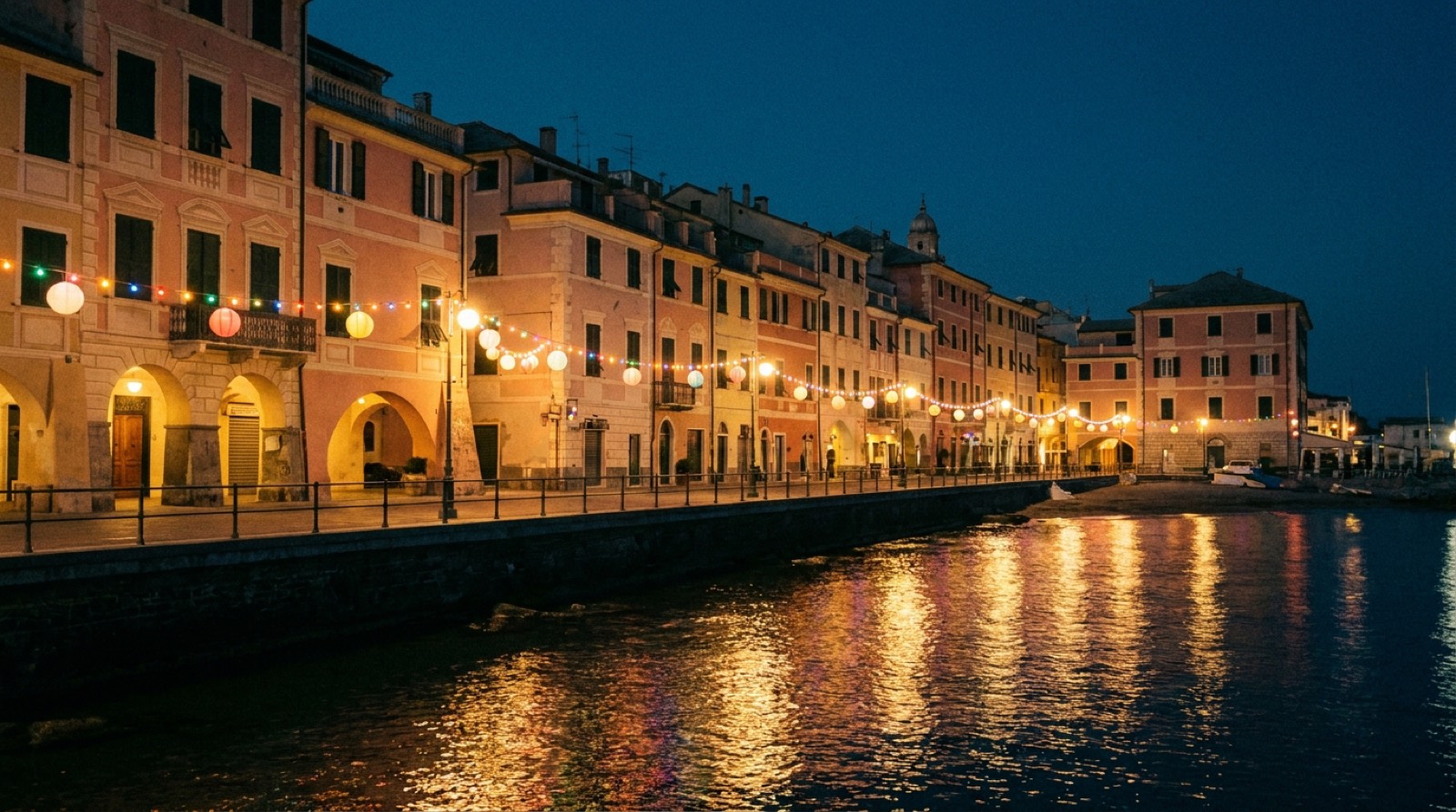 Lungomare di Chiavari illuminato di sera