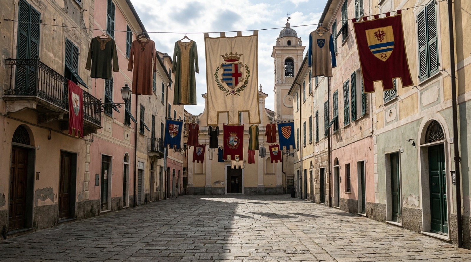 Costumi medievali appesi nel centro storico di Lavagna